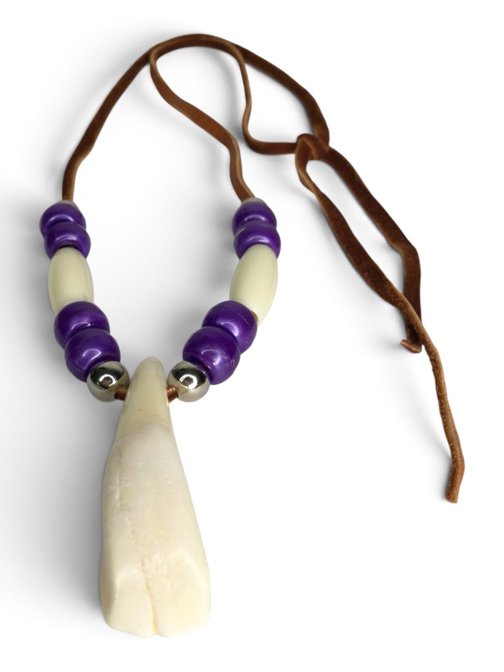 Vintage White Buffalo Tooth Pendant on Suede Cord Necklace - Picture 4 of 10